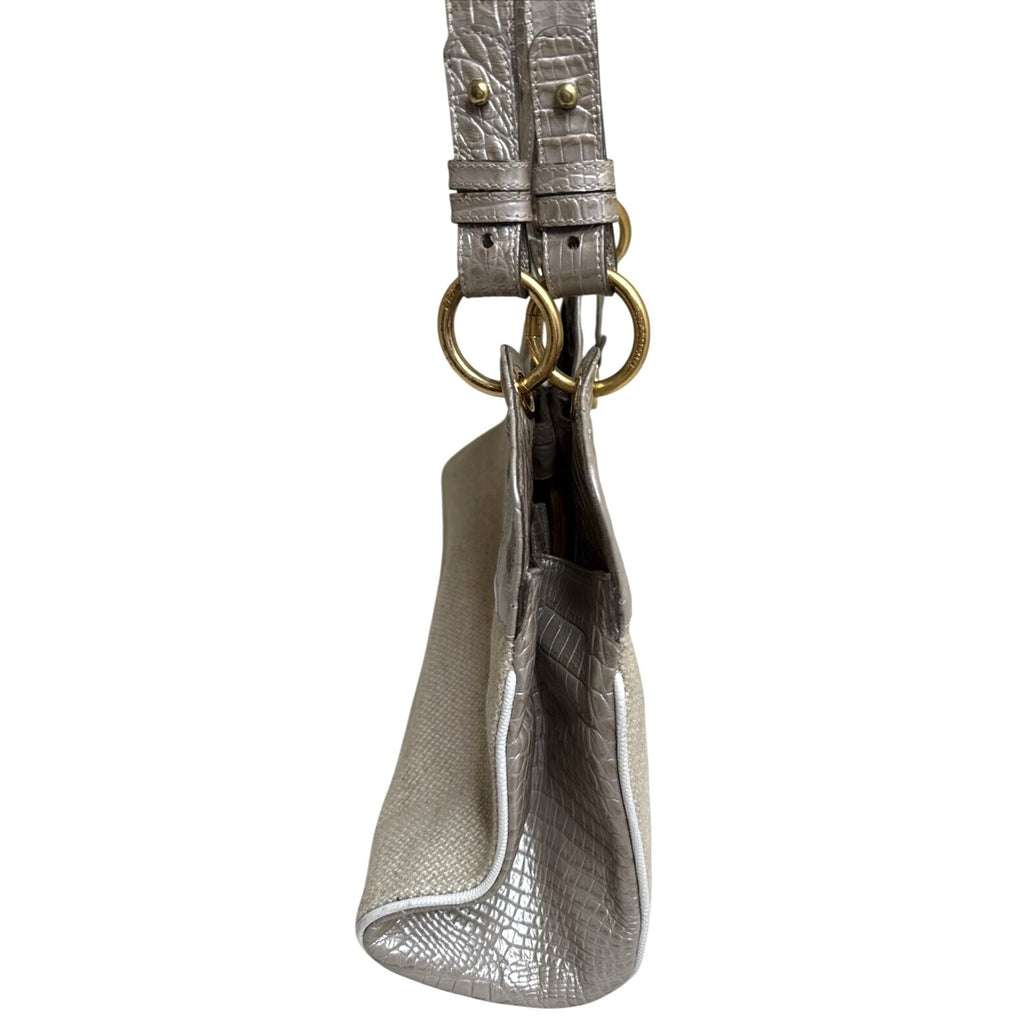 Brahmin Croc Embossed Leather & Canvas Shoulder Bag