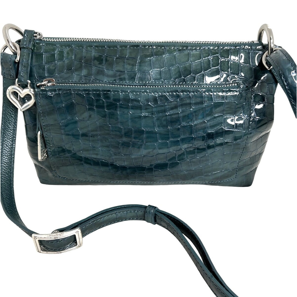 BRIGHTON Green Patent Leather Croc-Embossed Crossbody Bag W/Heart Charm