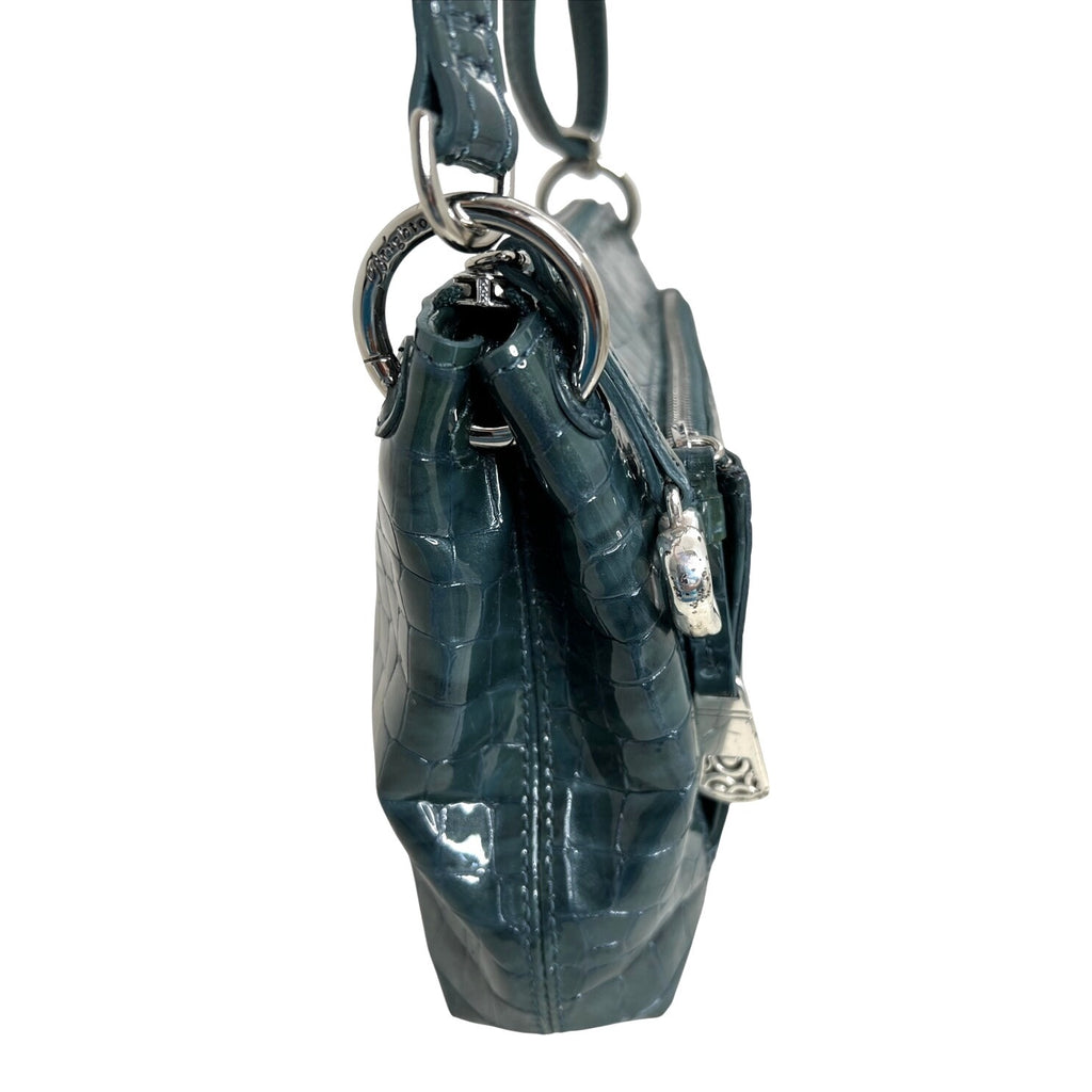 BRIGHTON Green Patent Leather Croc-Embossed Crossbody Bag W/Heart Charm