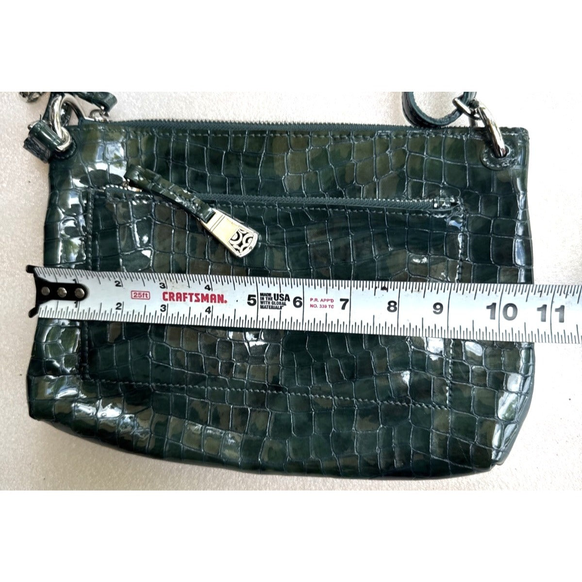 BRIGHTON Green Patent Leather Croc-Embossed Crossbody Bag W/Heart Charm