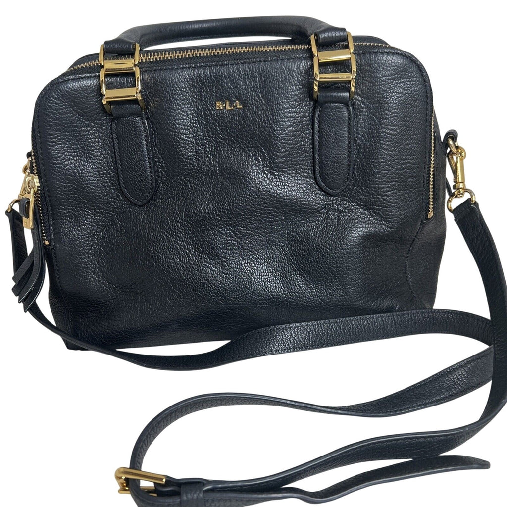RLL Black Leather Satchel Bag With Gold Hardware & Detachable Strap