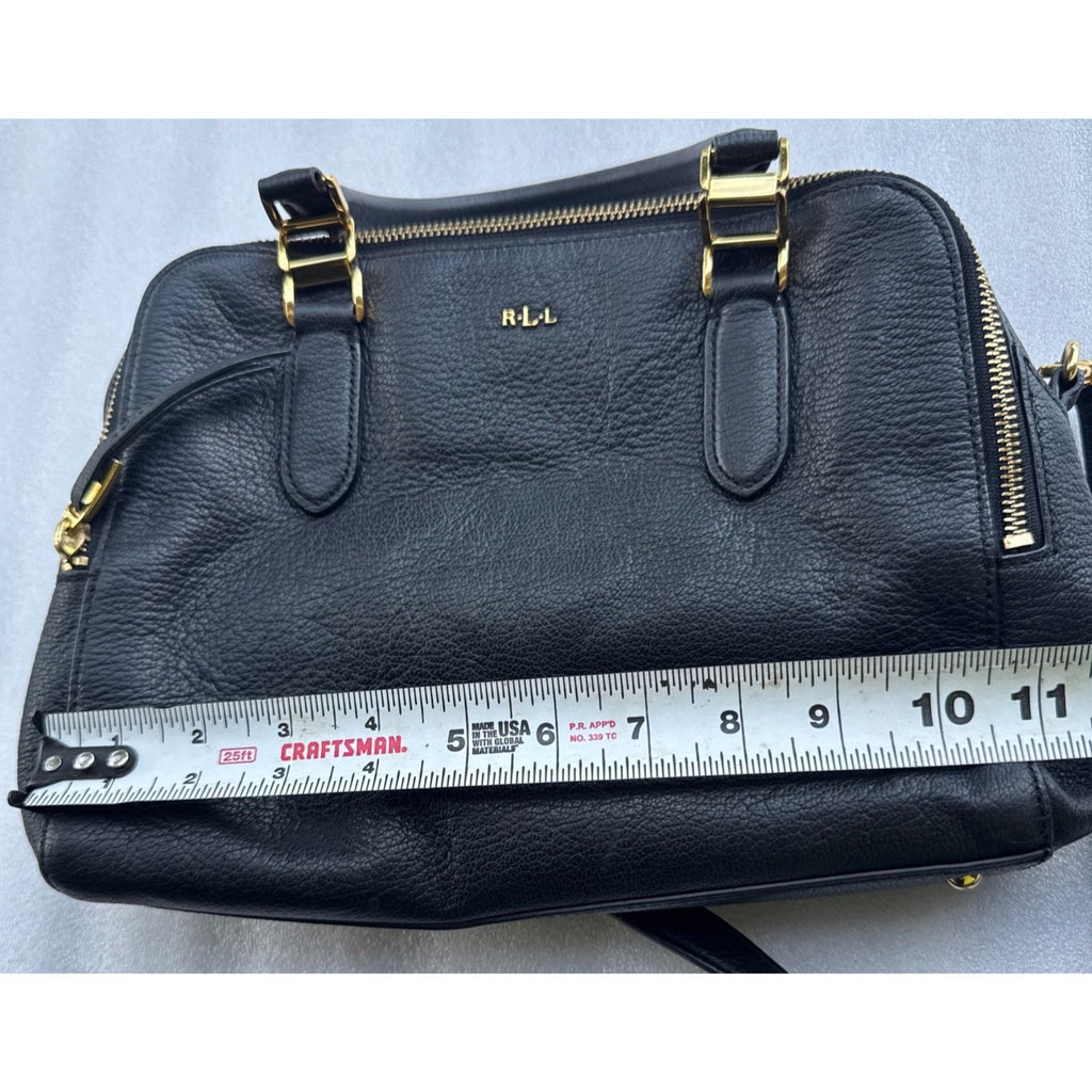 RLL Black Leather Satchel Bag With Gold Hardware & Detachable Strap