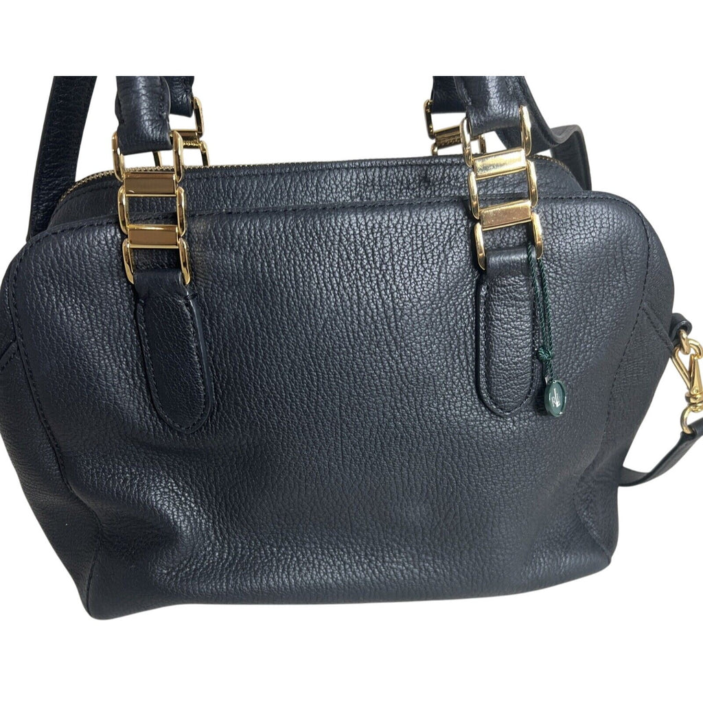 RLL Black Leather Satchel Bag With Gold Hardware & Detachable Strap