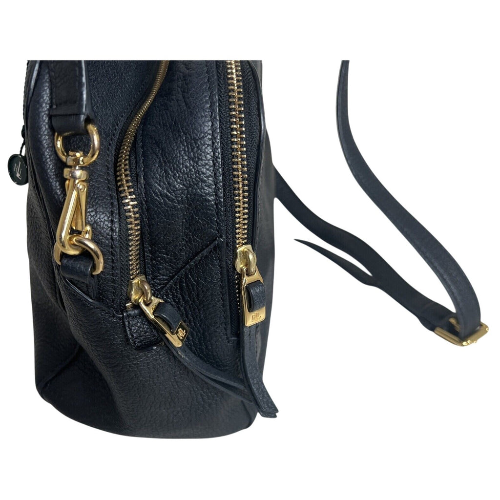 RLL Black Leather Satchel Bag With Gold Hardware & Detachable Strap