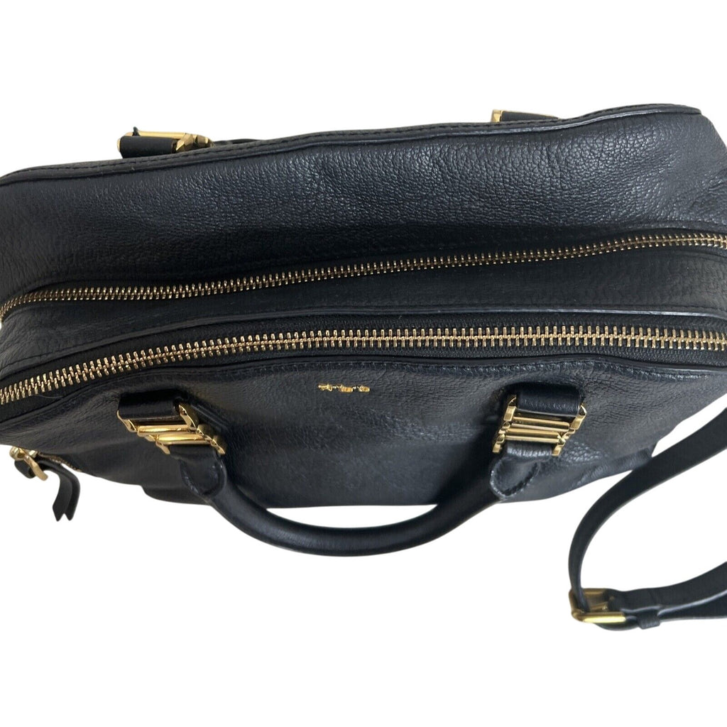 RLL Black Leather Satchel Bag With Gold Hardware & Detachable Strap
