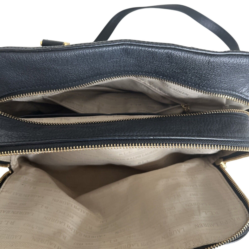 RLL Black Leather Satchel Bag With Gold Hardware & Detachable Strap