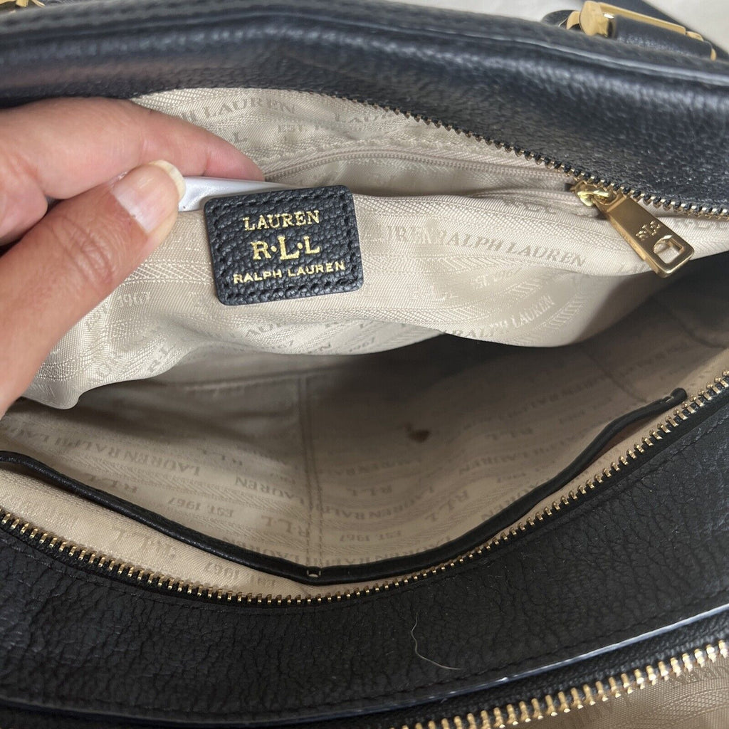 RLL Black Leather Satchel Bag With Gold Hardware & Detachable Strap