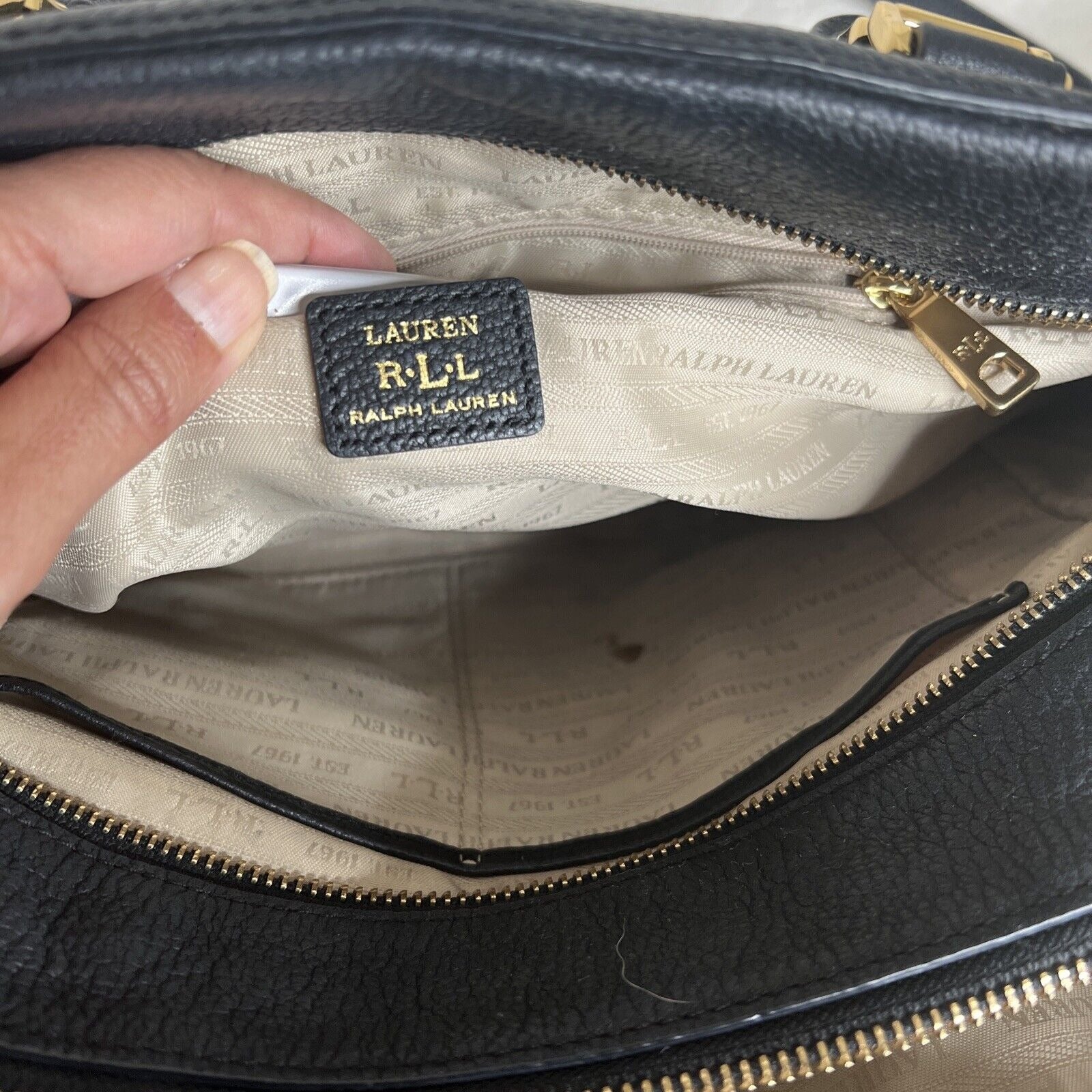 RLL Black Leather Satchel Bag With Gold Hardware & Detachable Strap