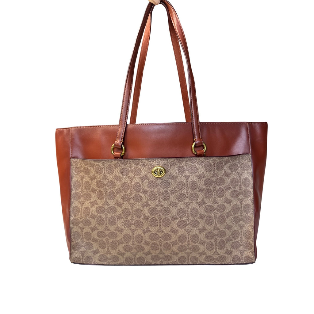 Coach Signature Canvas & Leather Tote Bag With Turnlock Closure & Tag