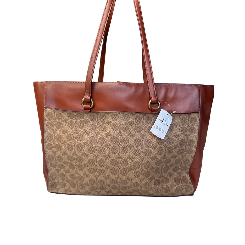 Coach Signature Canvas & Leather Tote Bag With Turnlock Closure & Tag
