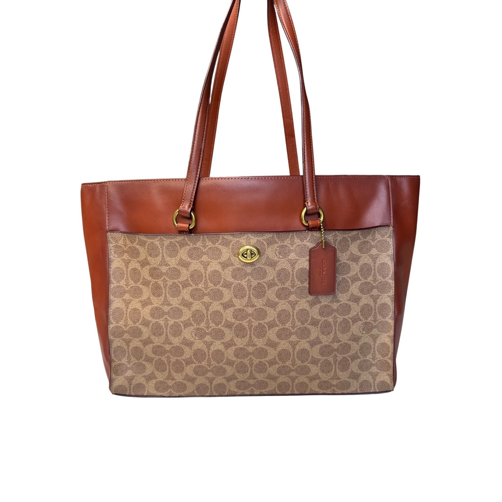 Coach Signature Canvas & Leather Tote Bag With Turnlock Closure & Tag