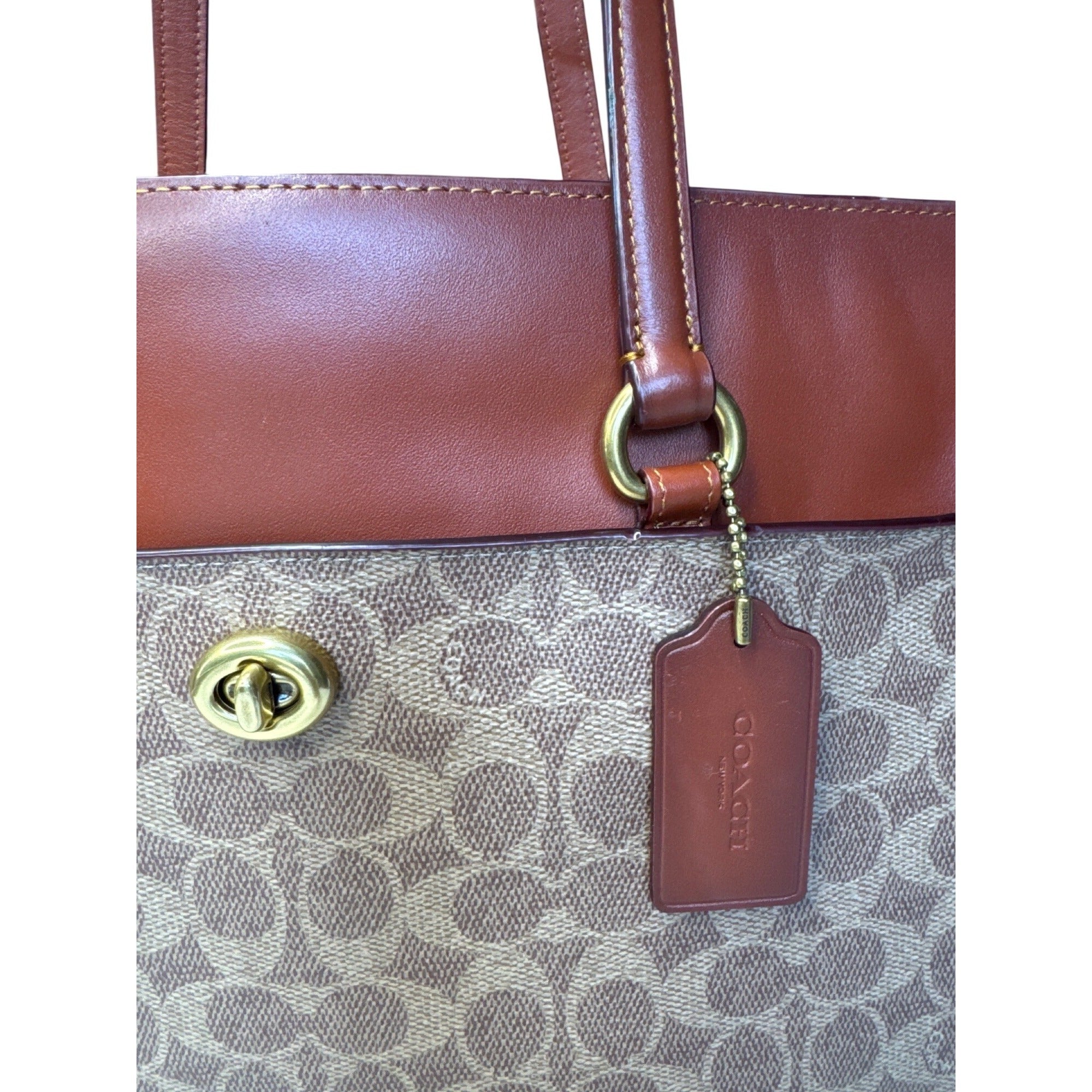 Coach Signature Canvas & Leather Tote Bag With Turnlock Closure & Tag