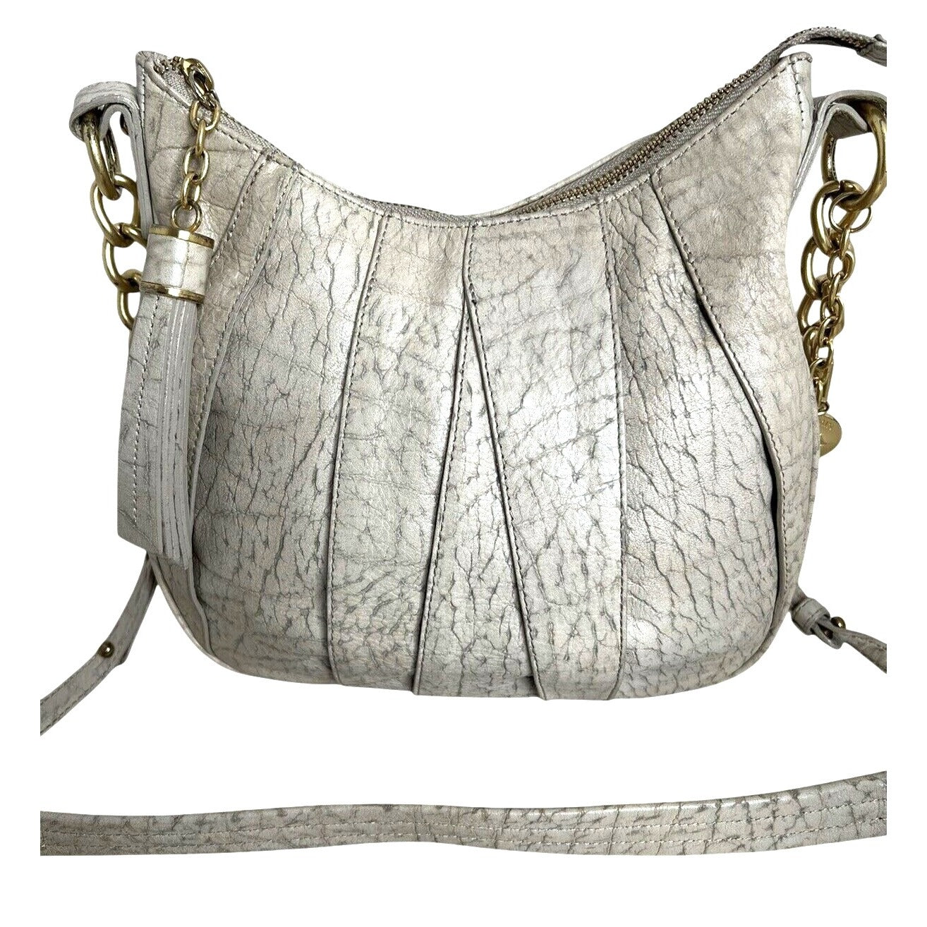 Brahmin Womens Gray Leather Crossbody Bag With Tassel Accent