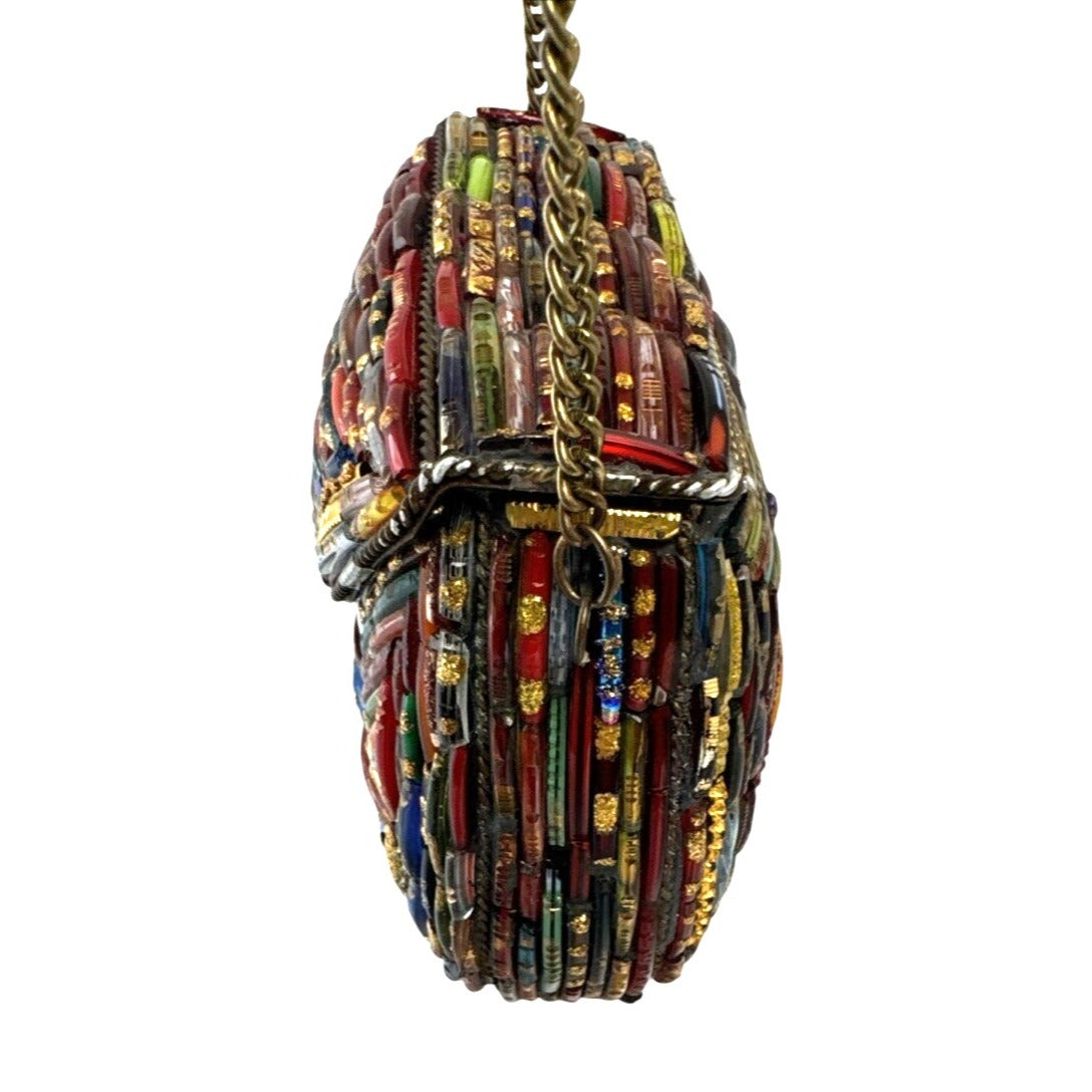 Tara Handcrafted Multicolor Glass Beaded Crossbody Bag W/Gold Chain Strap