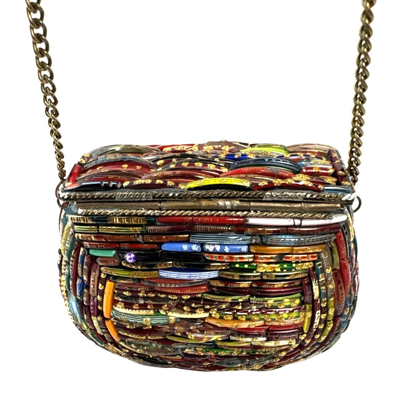 Tara Handcrafted Multicolor Glass Beaded Crossbody Bag W/Gold Chain Strap