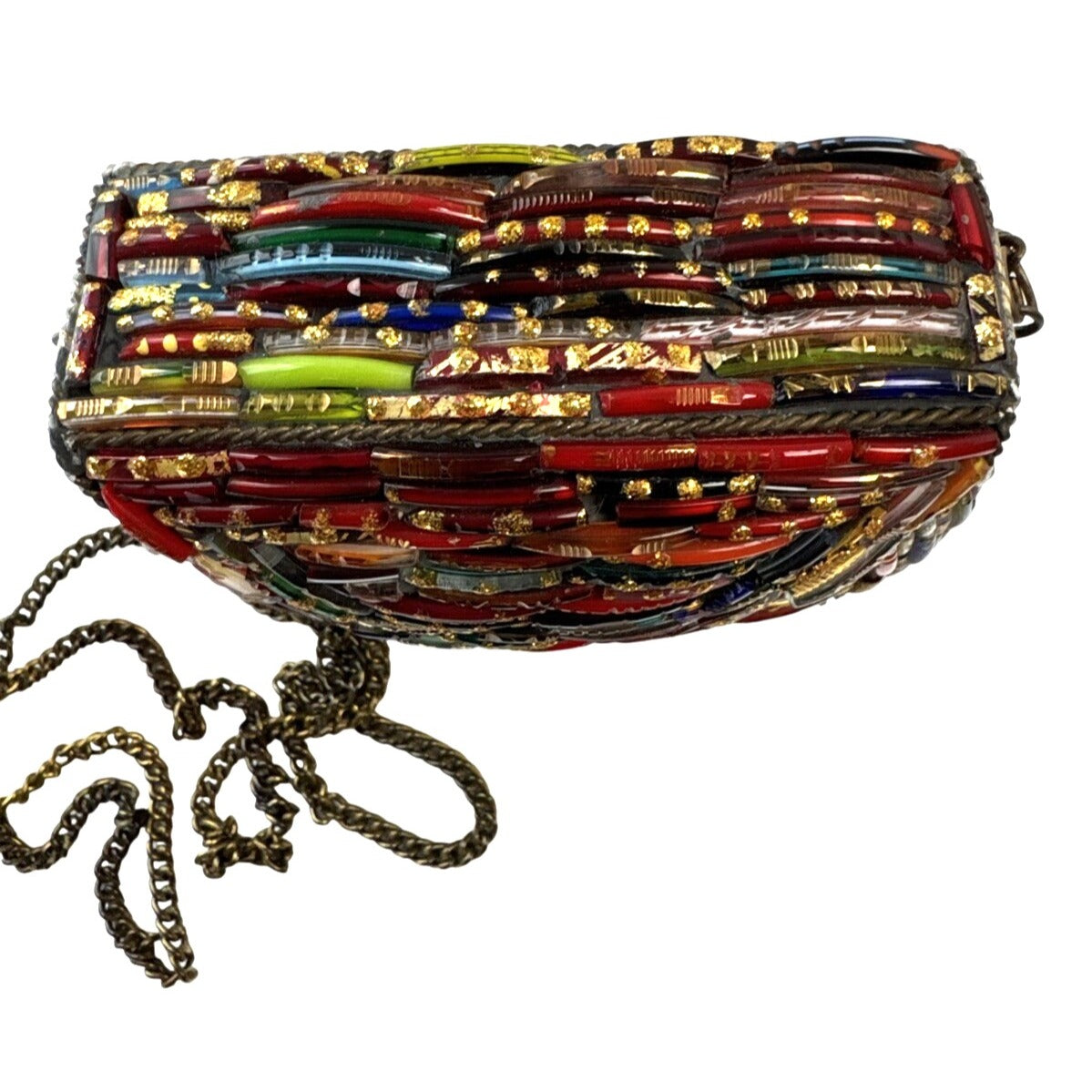 Tara Handcrafted Multicolor Glass Beaded Crossbody Bag W/Gold Chain Strap