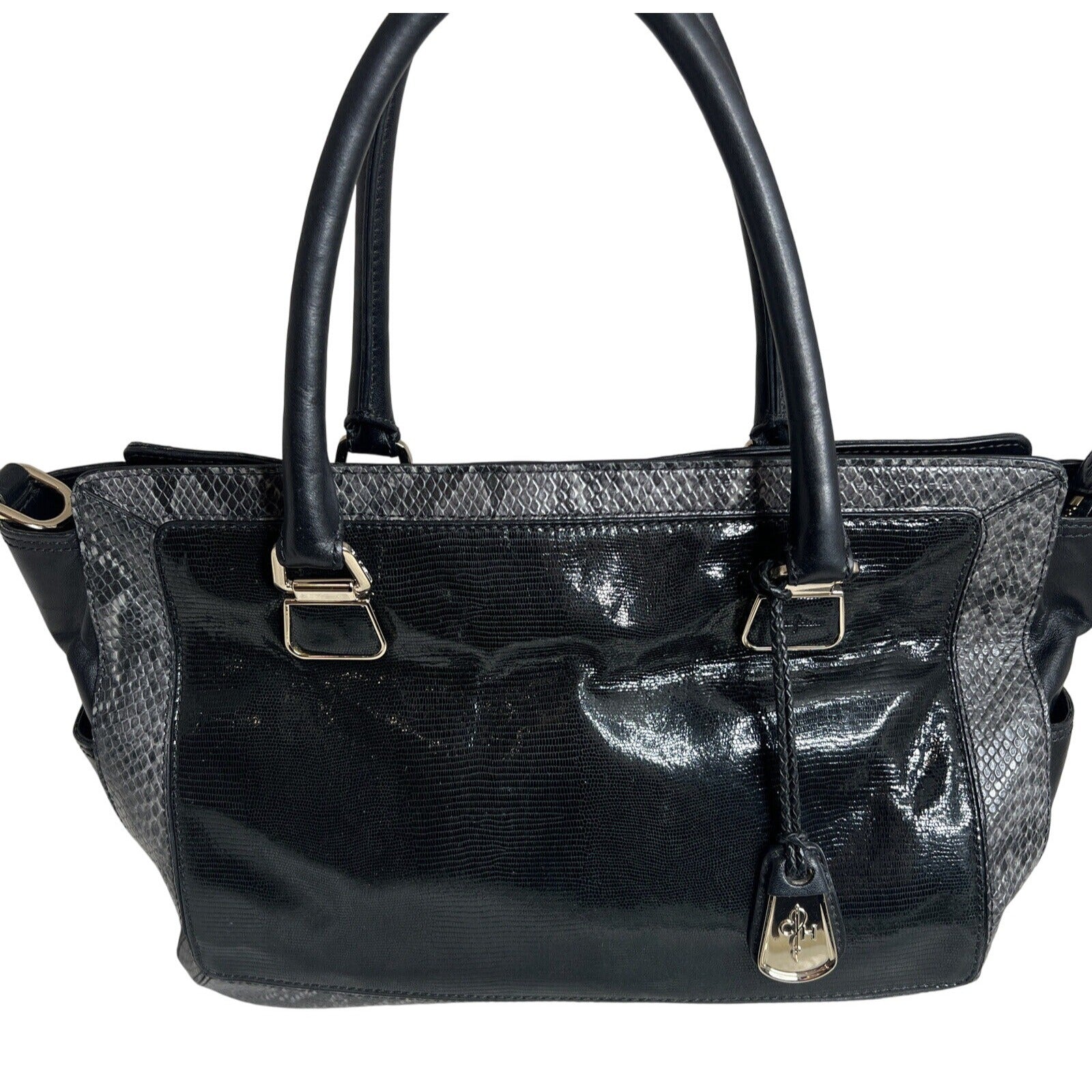 Cole Haan Black Leather & Snakeskin Tote Bag With Gold Hardware & Red Lining