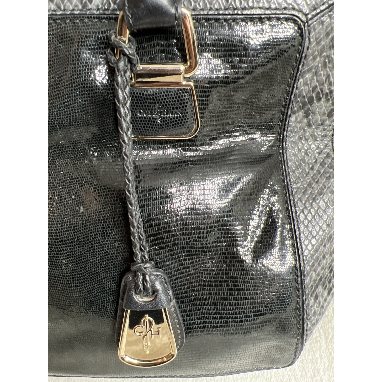 Cole Haan Black Leather & Snakeskin Tote Bag With Gold Hardware & Red Lining