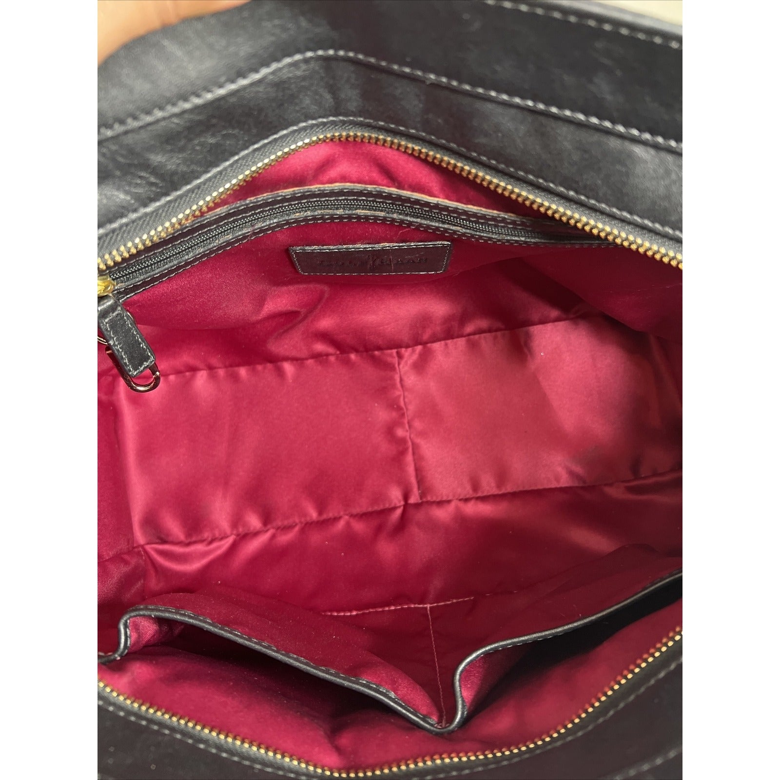 Cole Haan Black Leather & Snakeskin Tote Bag With Gold Hardware & Red Lining