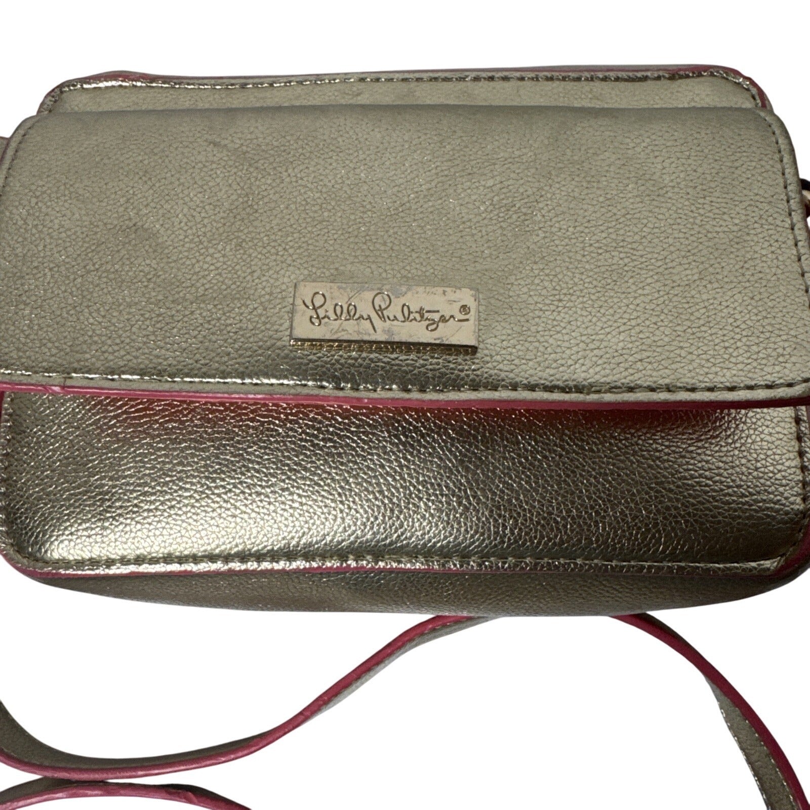 Lilly Pulitzer Metallic Gold Crossbody Bag With Pink Trim