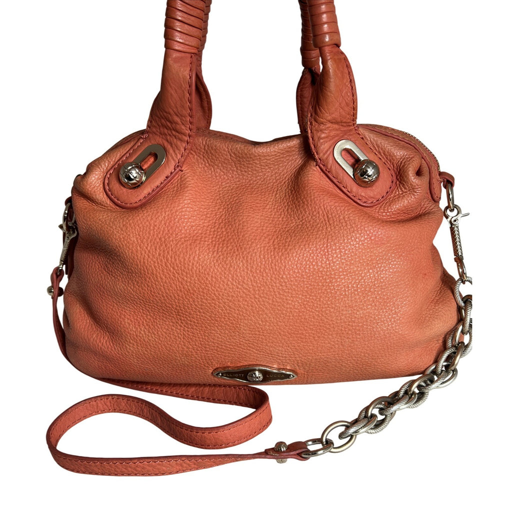 Elliott Lucca Studded Coral Leather Satchel With Chain Strap