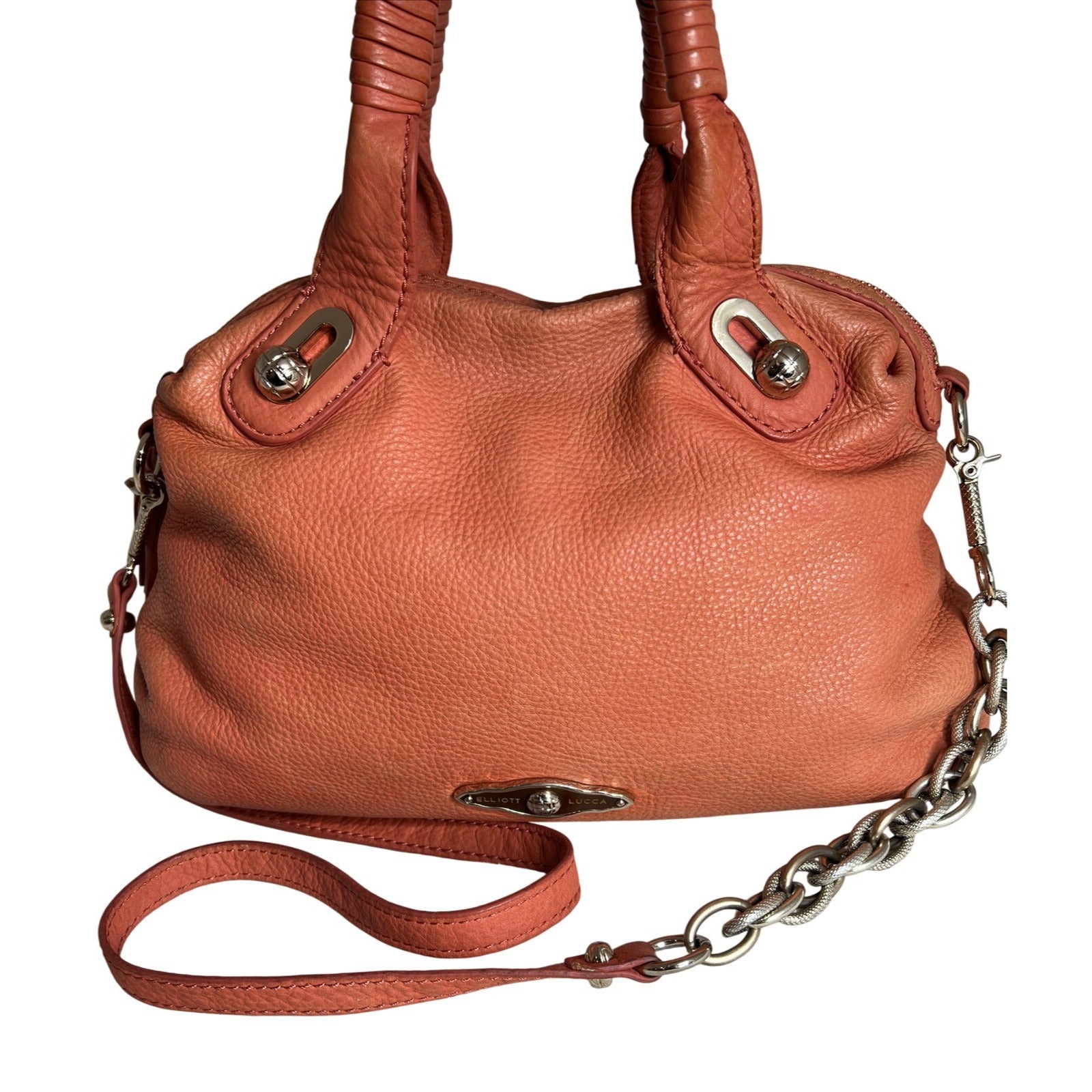 Elliott Lucca Studded Coral Leather Satchel With Chain Strap
