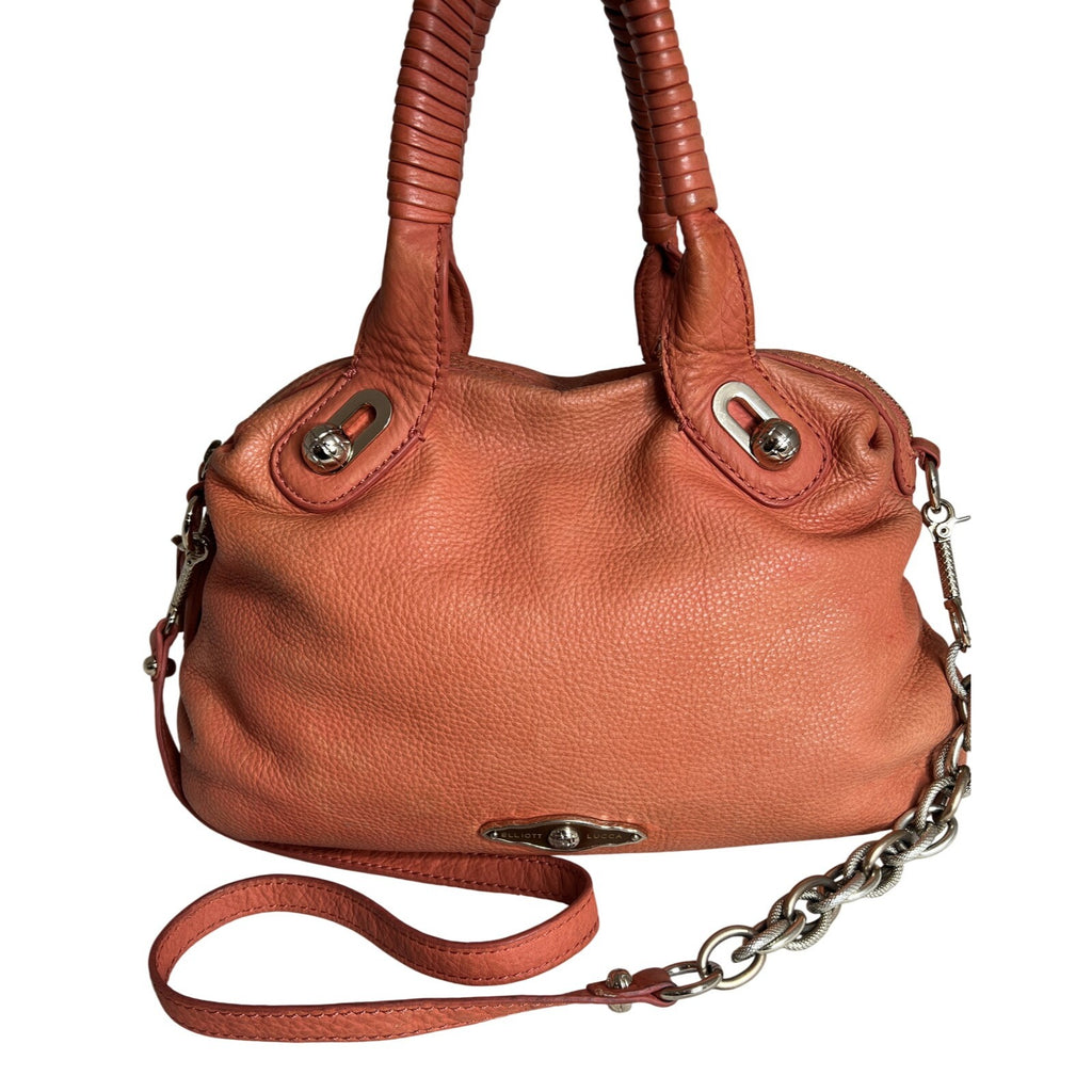 Elliott Lucca Studded Coral Leather Satchel With Chain Strap