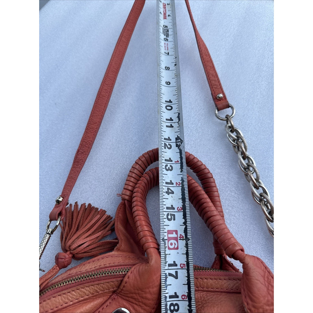 Elliott Lucca Studded Coral Leather Satchel With Chain Strap