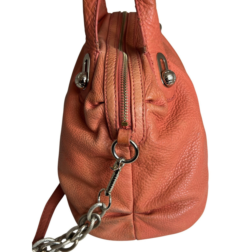 Elliott Lucca Studded Coral Leather Satchel With Chain Strap