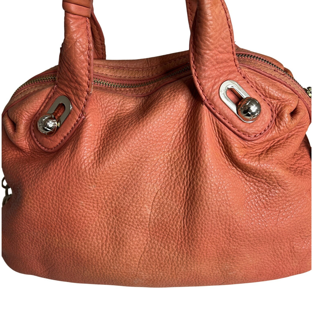 Elliott Lucca Studded Coral Leather Satchel With Chain Strap