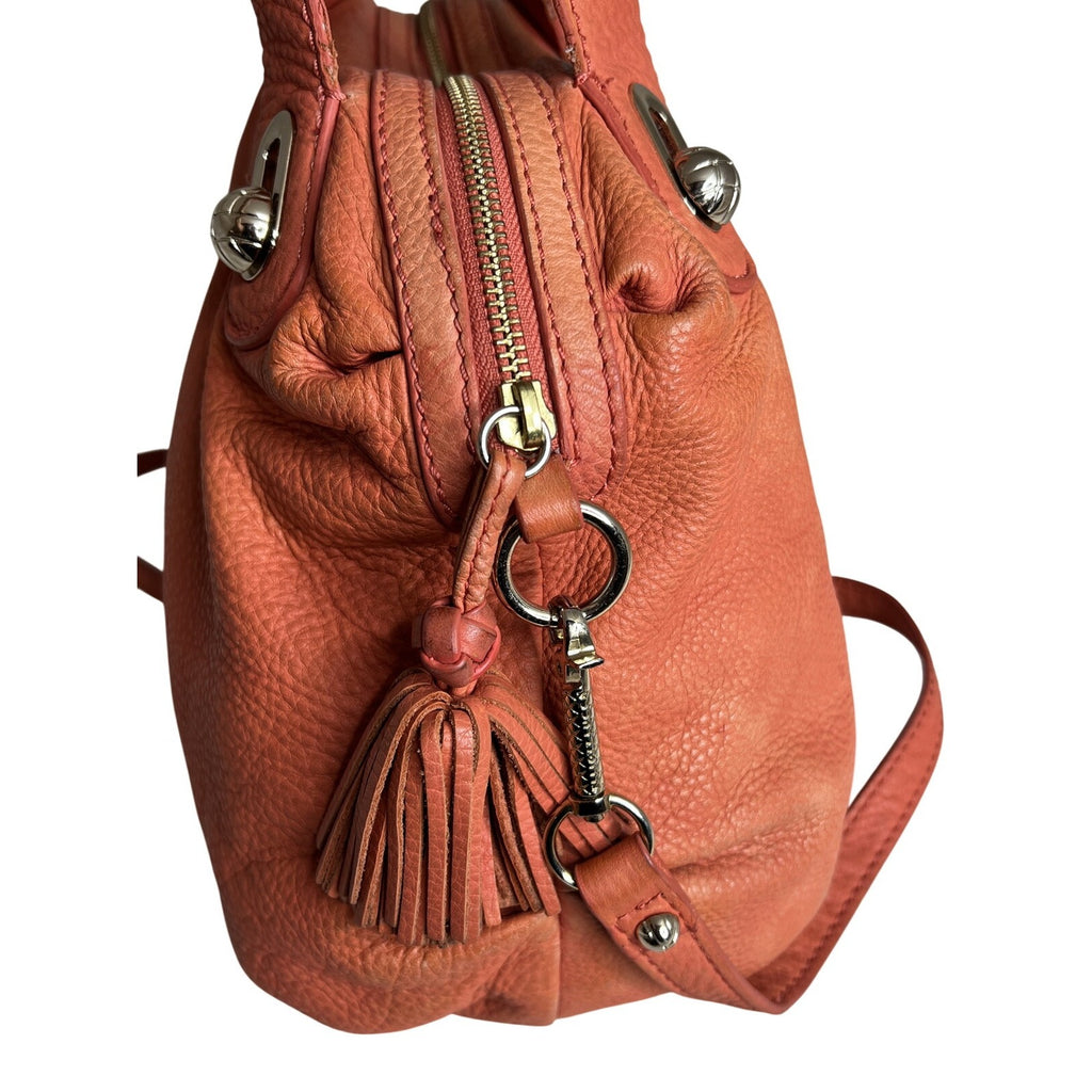 Elliott Lucca Studded Coral Leather Satchel With Chain Strap