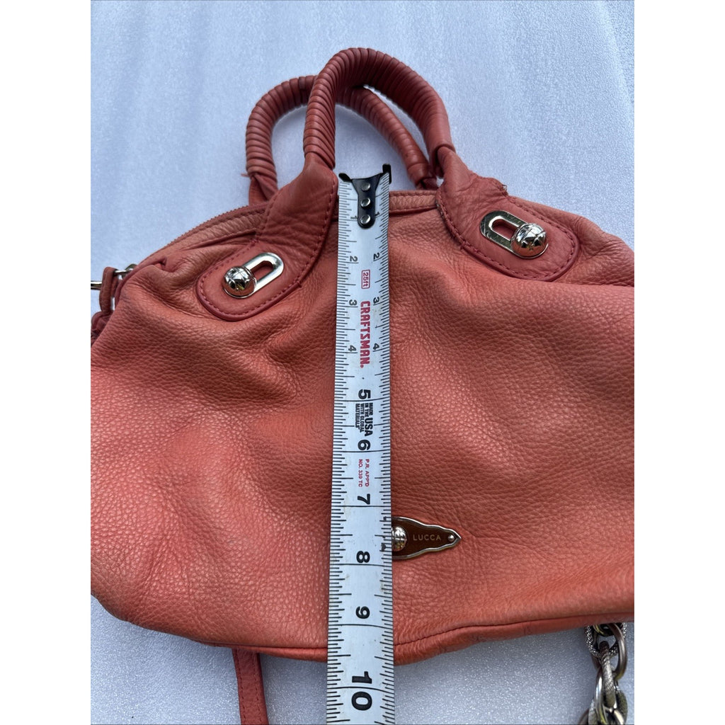 Elliott Lucca Studded Coral Leather Satchel With Chain Strap