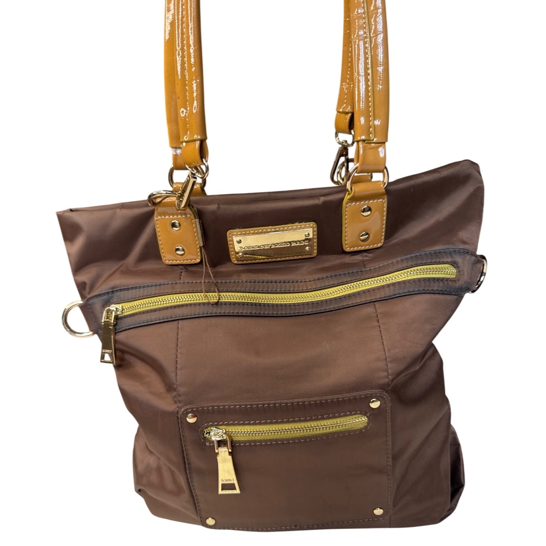 Bosisio Parini Brown Nylon Tote Bag With Yellow Zippers & Patent Leather Straps