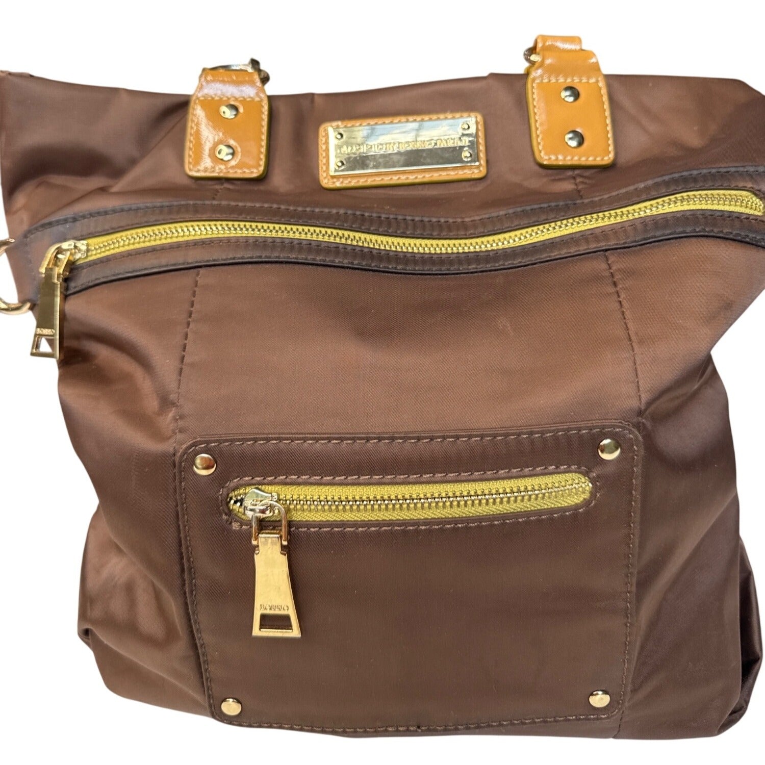 Bosisio Parini Brown Nylon Tote Bag With Yellow Zippers & Patent Leather Straps