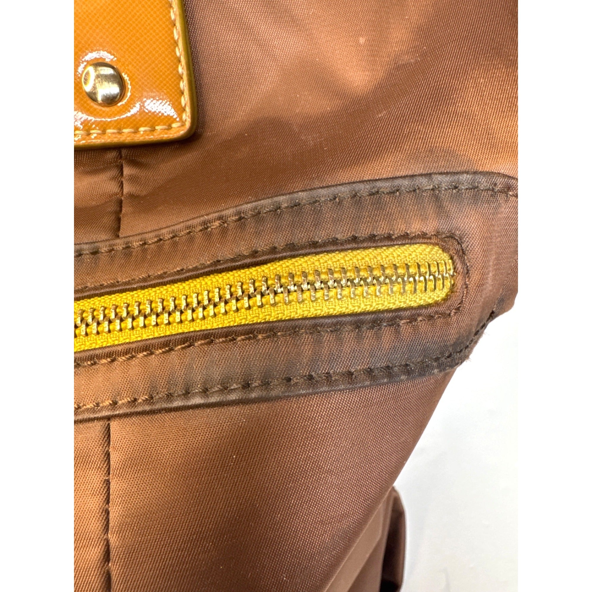 Bosisio Parini Brown Nylon Tote Bag With Yellow Zippers & Patent Leather Straps