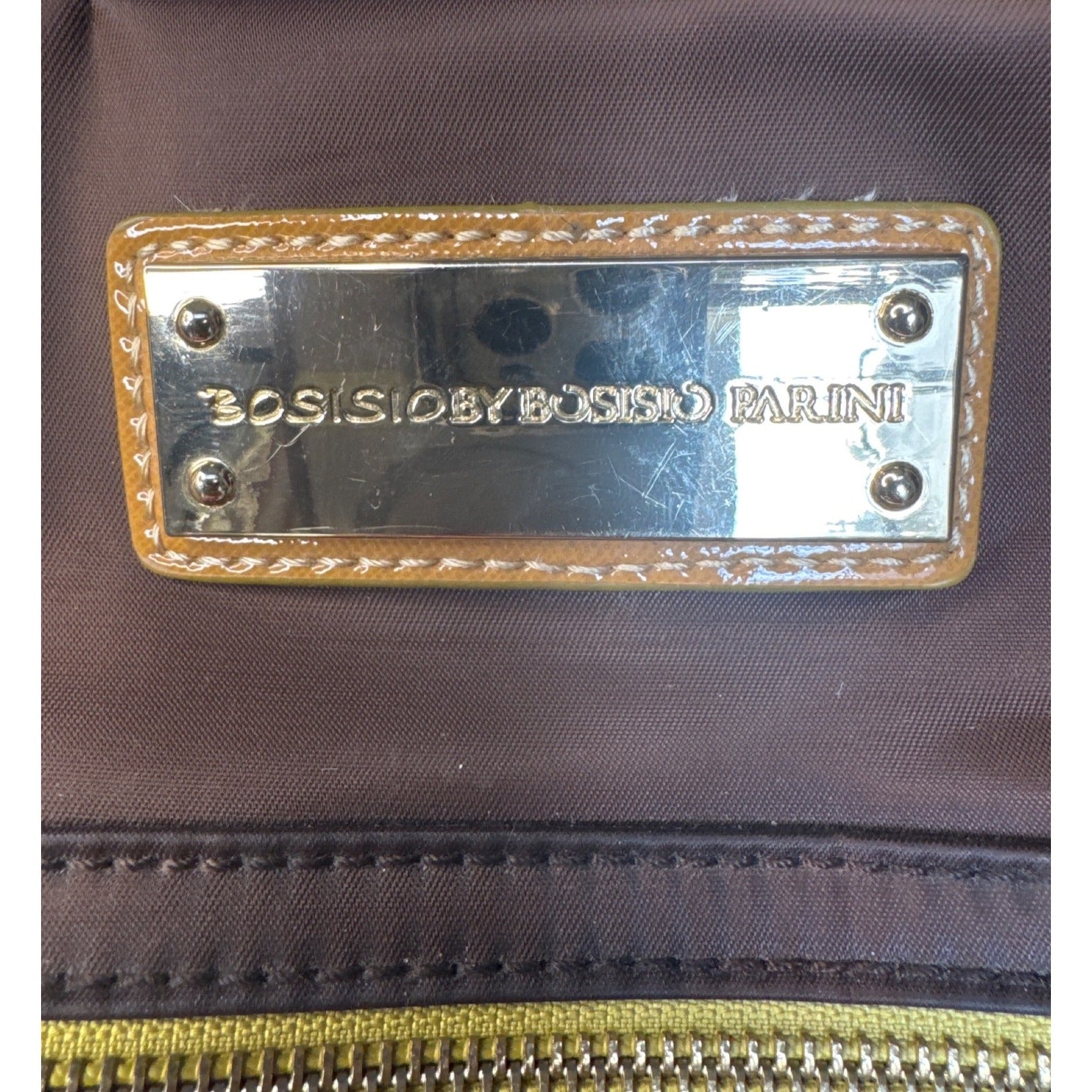 Bosisio Parini Brown Nylon Tote Bag With Yellow Zippers & Patent Leather Straps