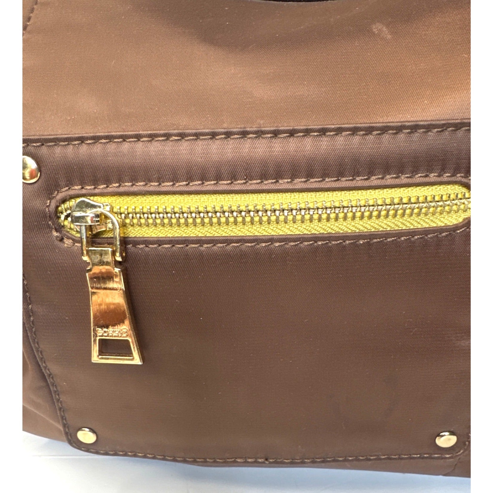 Bosisio Parini Brown Nylon Tote Bag With Yellow Zippers & Patent Leather Straps