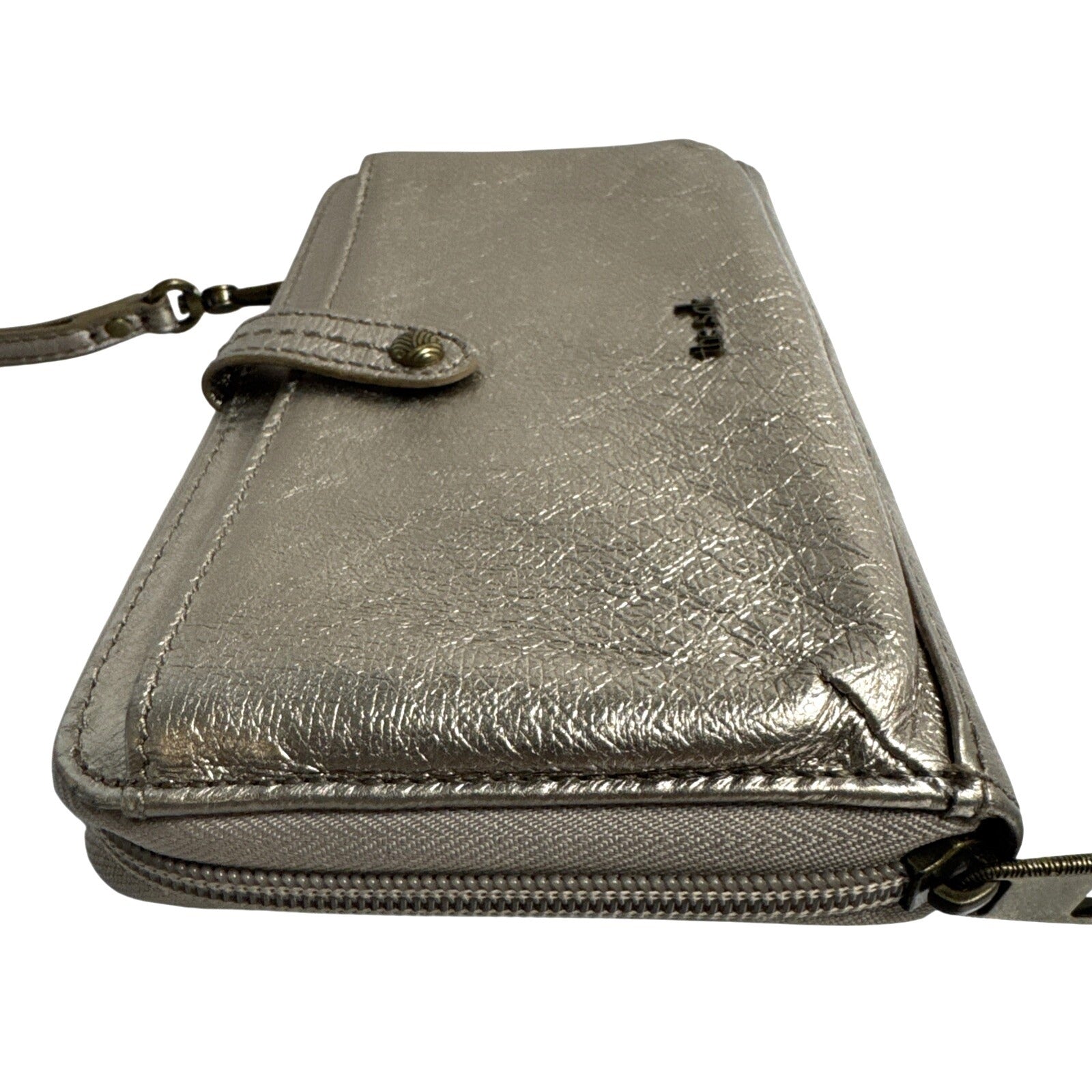 The Sak Metallic Bronze Leather Wristlet Wallet With Strap & Snap Closure