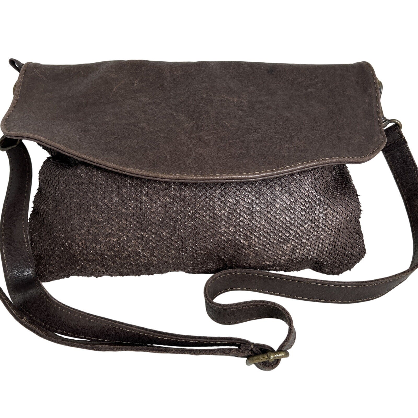 Angellotti Genuine Leather Brown Crossbody Bag Textured Accents & Adjustable