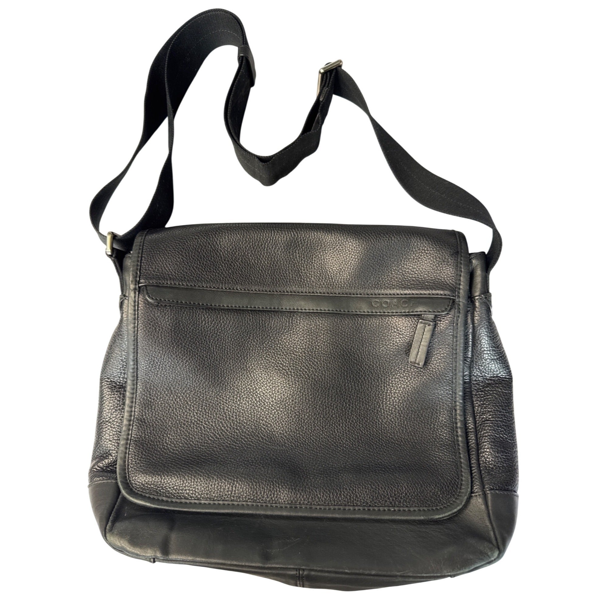 Coach Black Leather Messenger Bag With Adjustable Strap & Zip Pocket