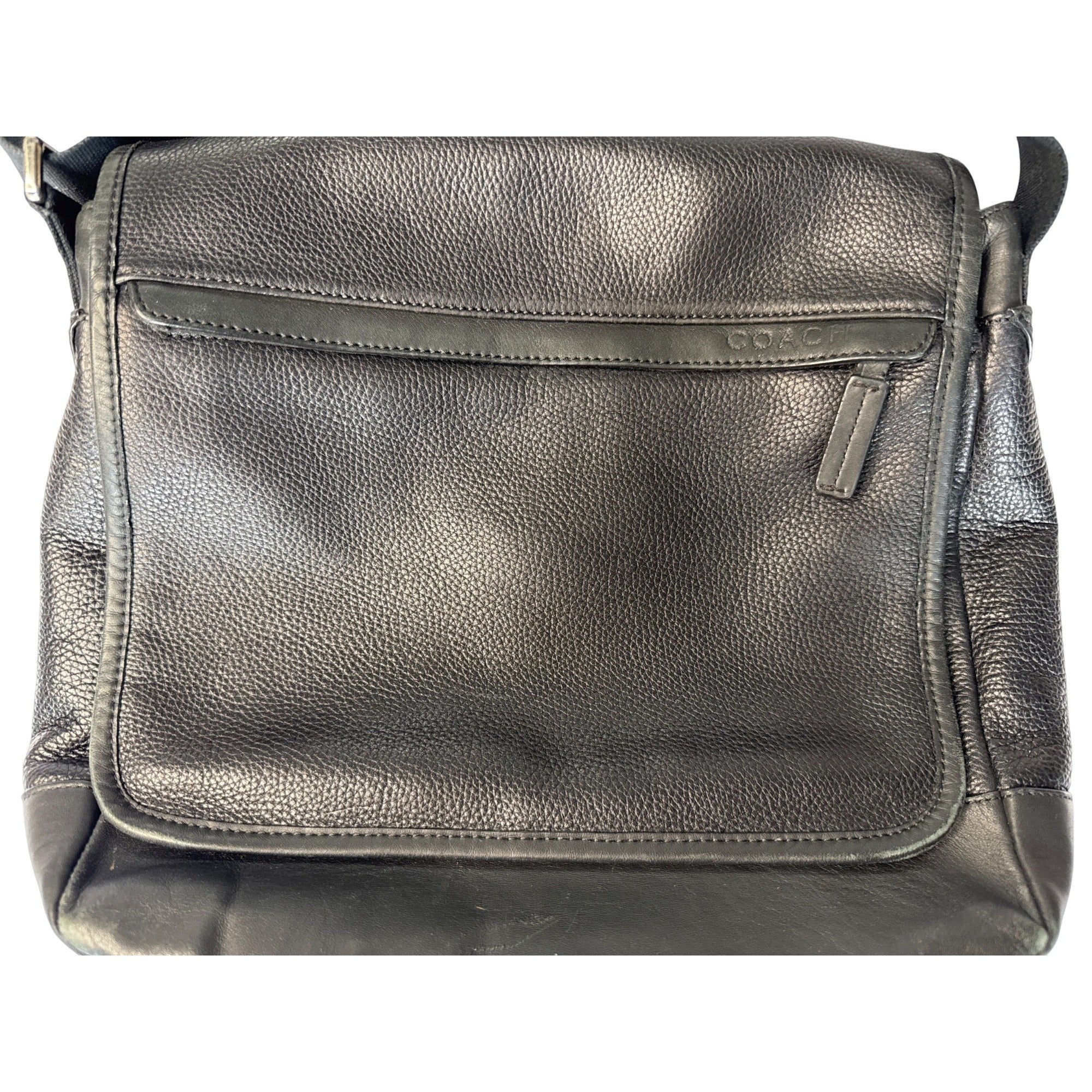 Coach Black Leather Messenger Bag With Adjustable Strap & Zip Pocket