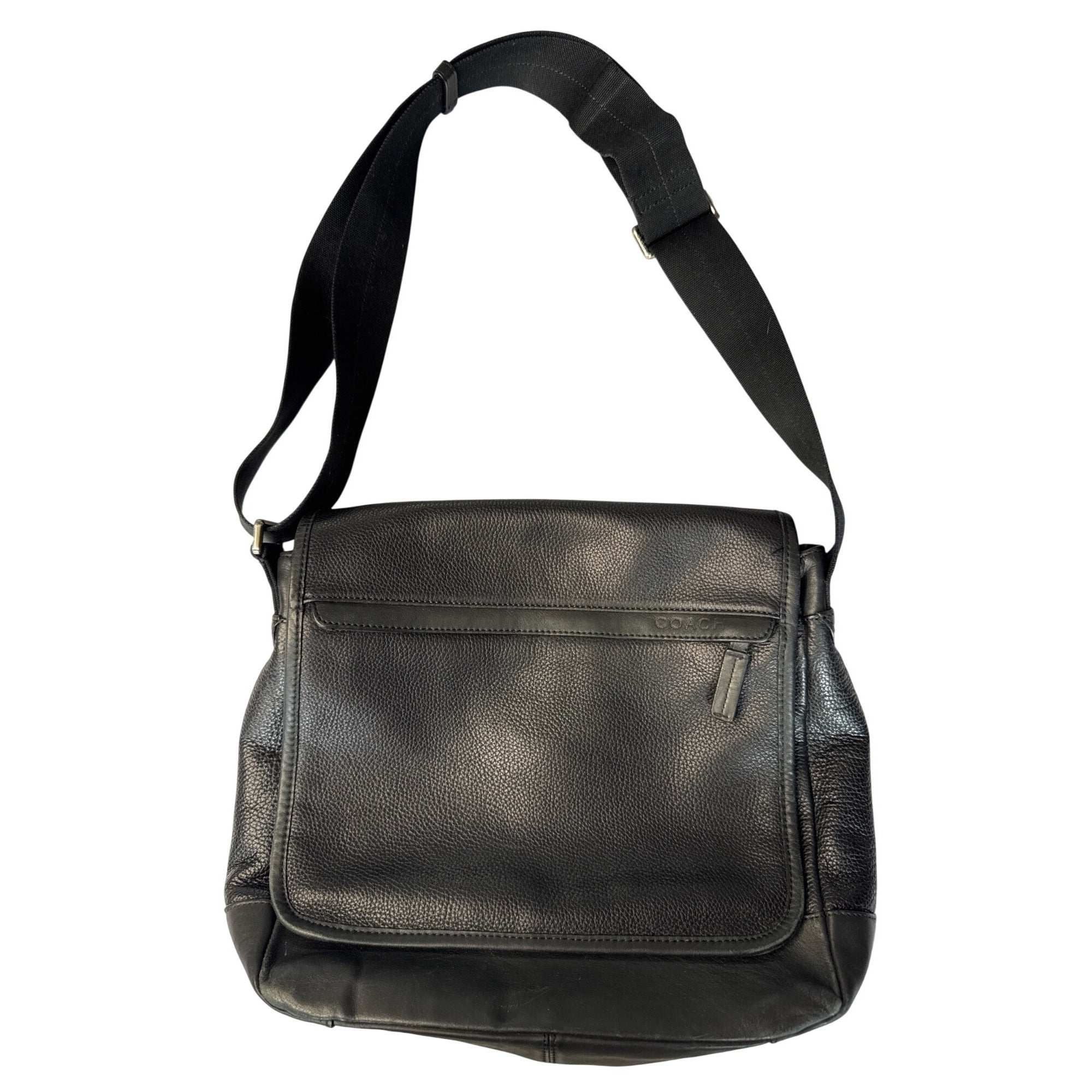 Coach Black Leather Messenger Bag With Adjustable Strap & Zip Pocket