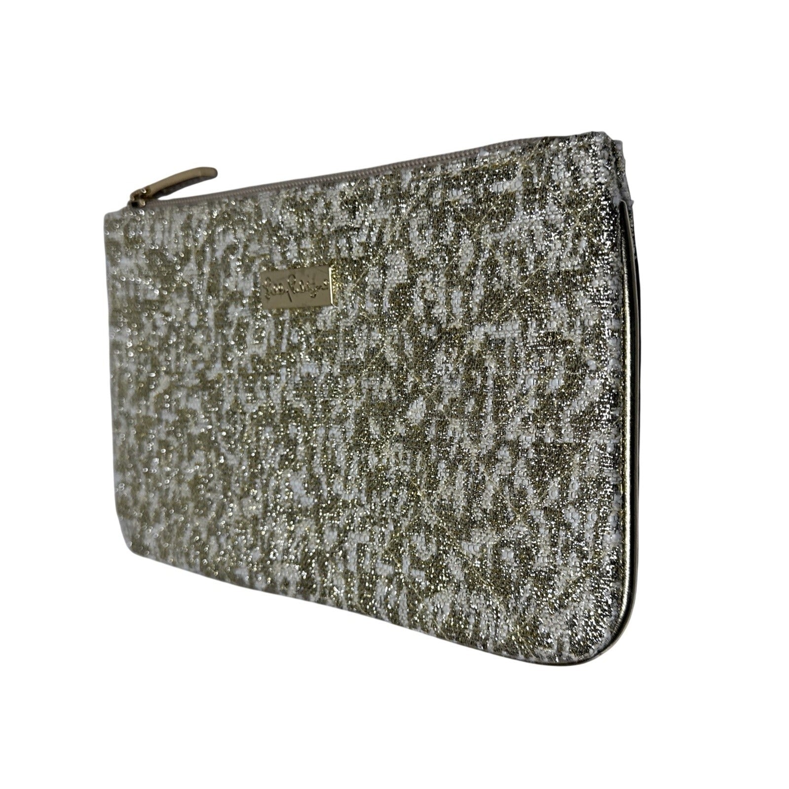 Lilly Pulitzer Gold Glittery Textured Zip Clutch / Cosmetic Pouch
