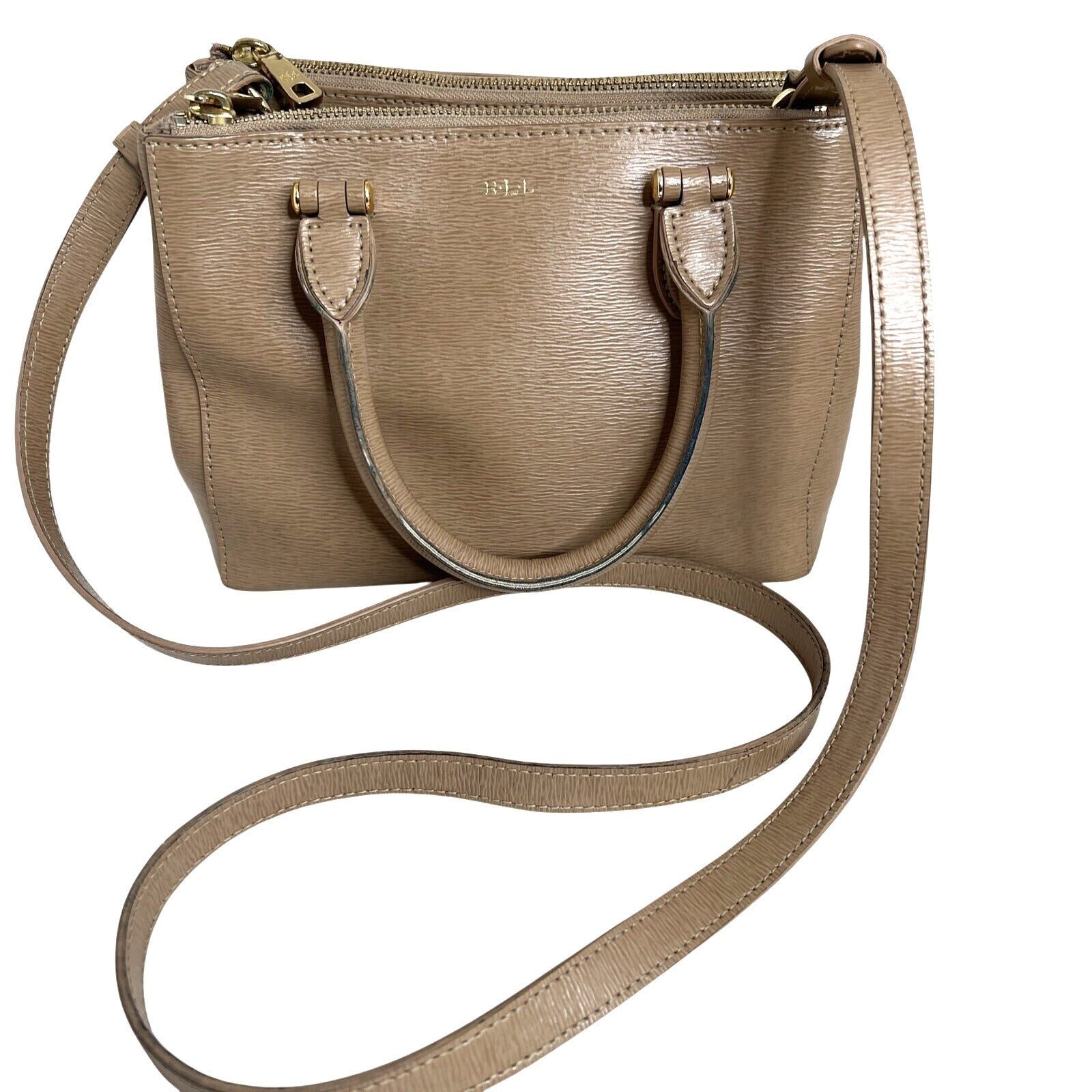 Ralph Lauren Beige Faux Leather Crossbody Bag With Dual-Zip Compartments