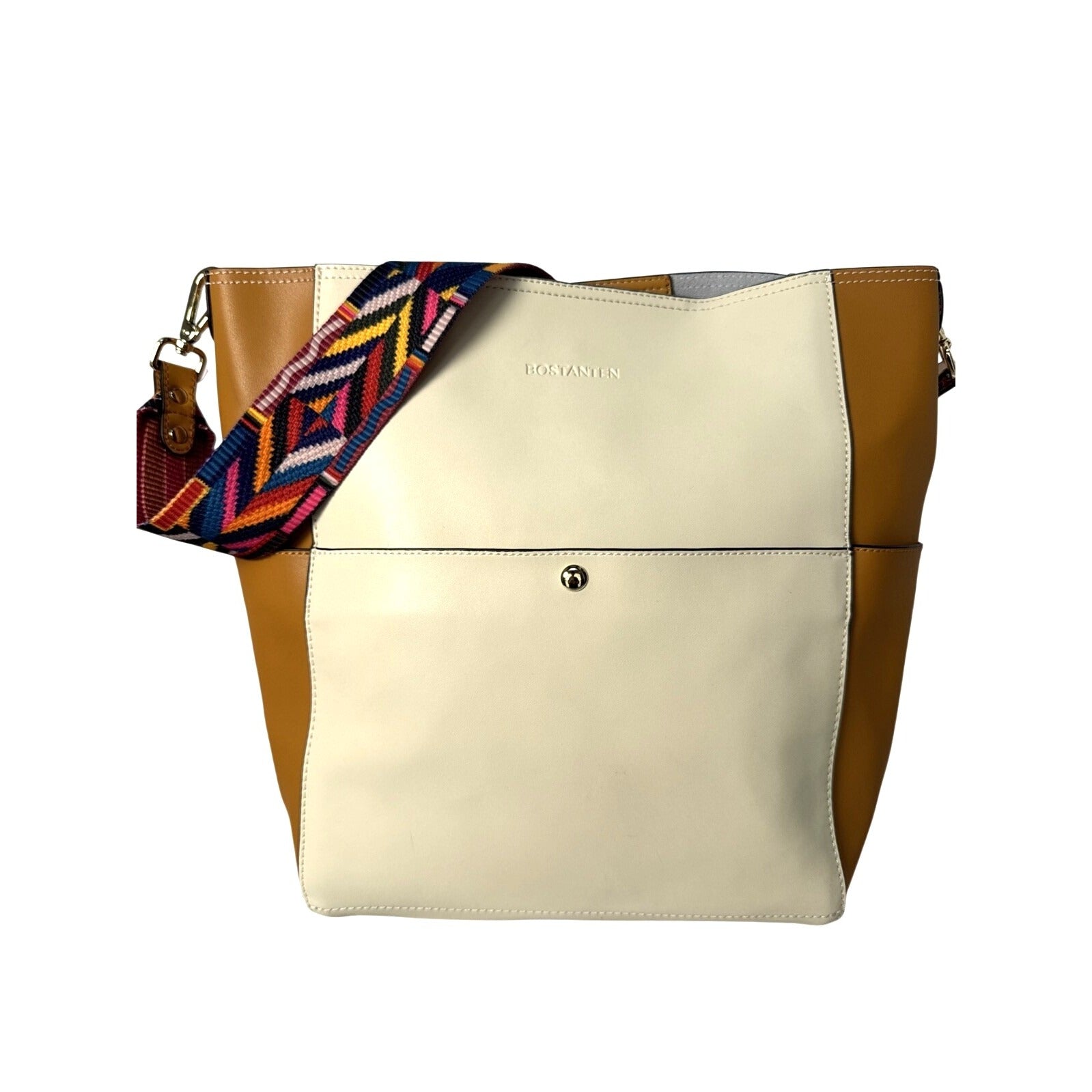 Bostanten Cream & Tan Tote Bag With Colorful Strap & Insert