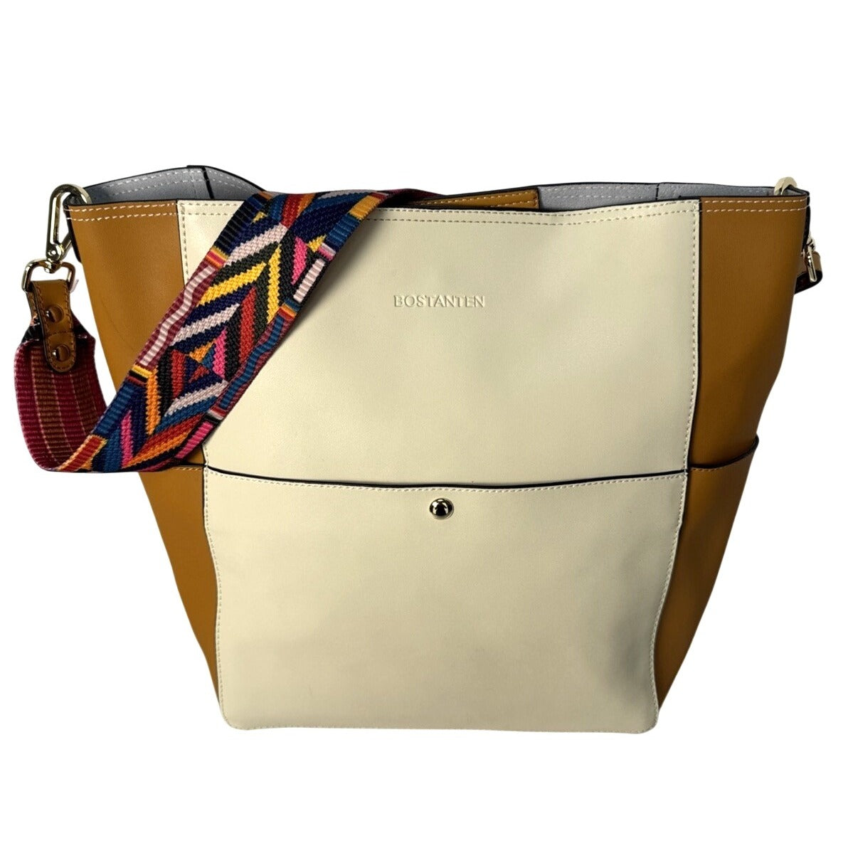 Bostanten Cream & Tan Tote Bag With Colorful Strap & Insert