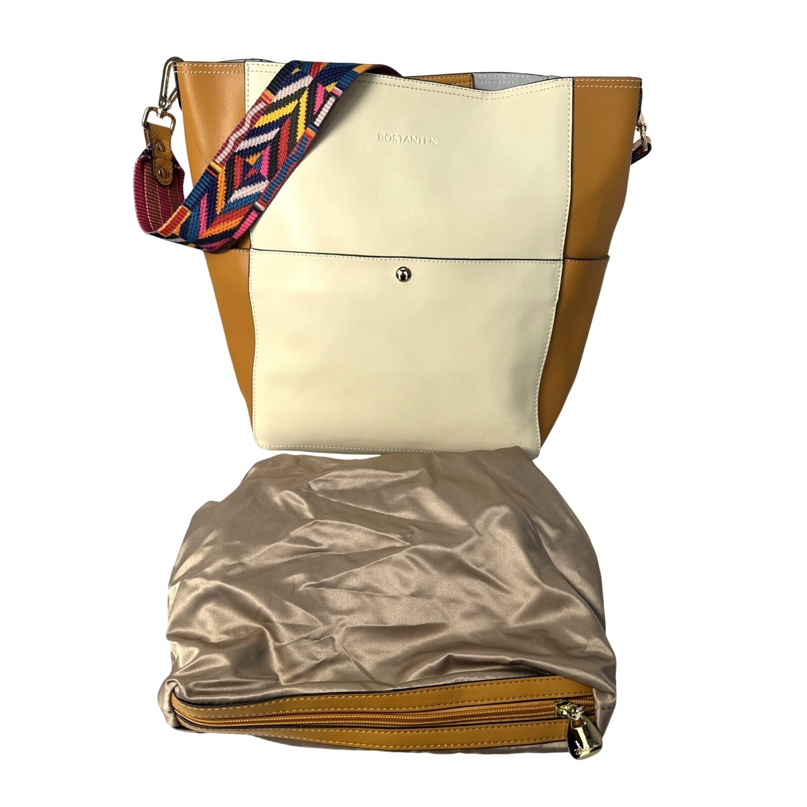 Bostanten Cream & Tan Tote Bag With Colorful Strap & Insert