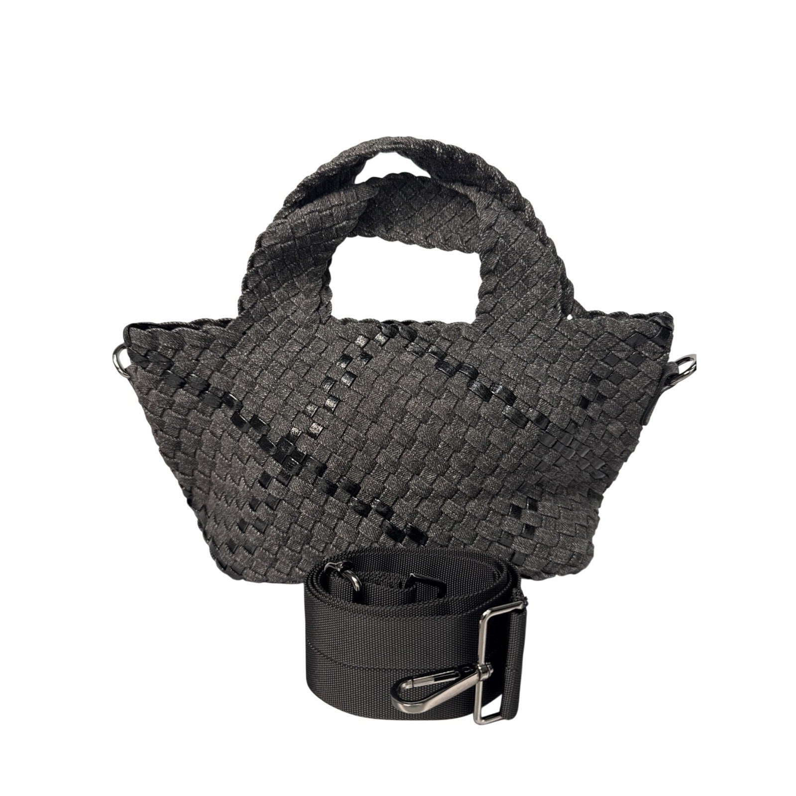 Haute Shore Mark Edge Gray Woven Mini Tote Bag With Top Handles & Detachable Strap