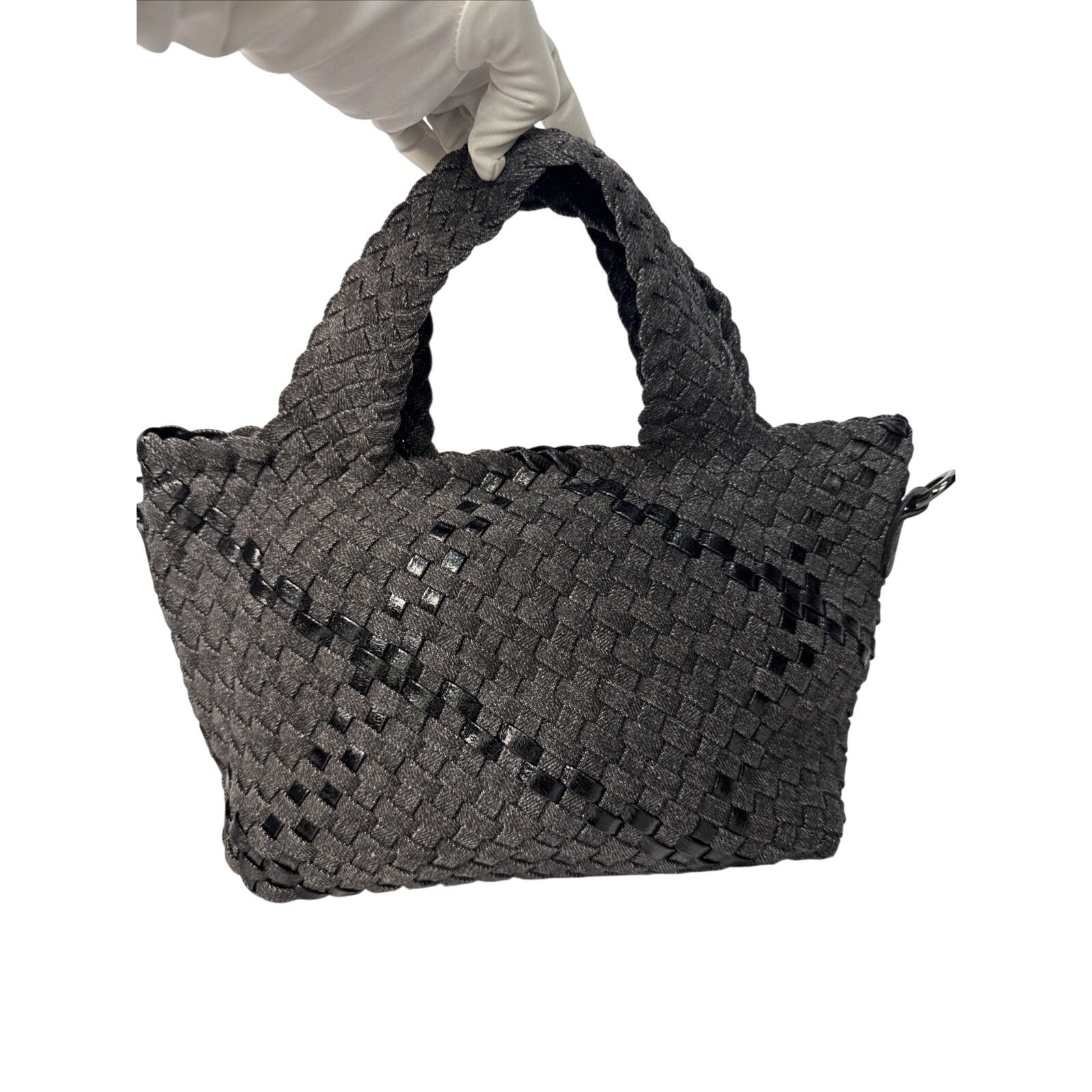 Haute Shore Mark Edge Gray Woven Mini Tote Bag With Top Handles & Detachable Strap