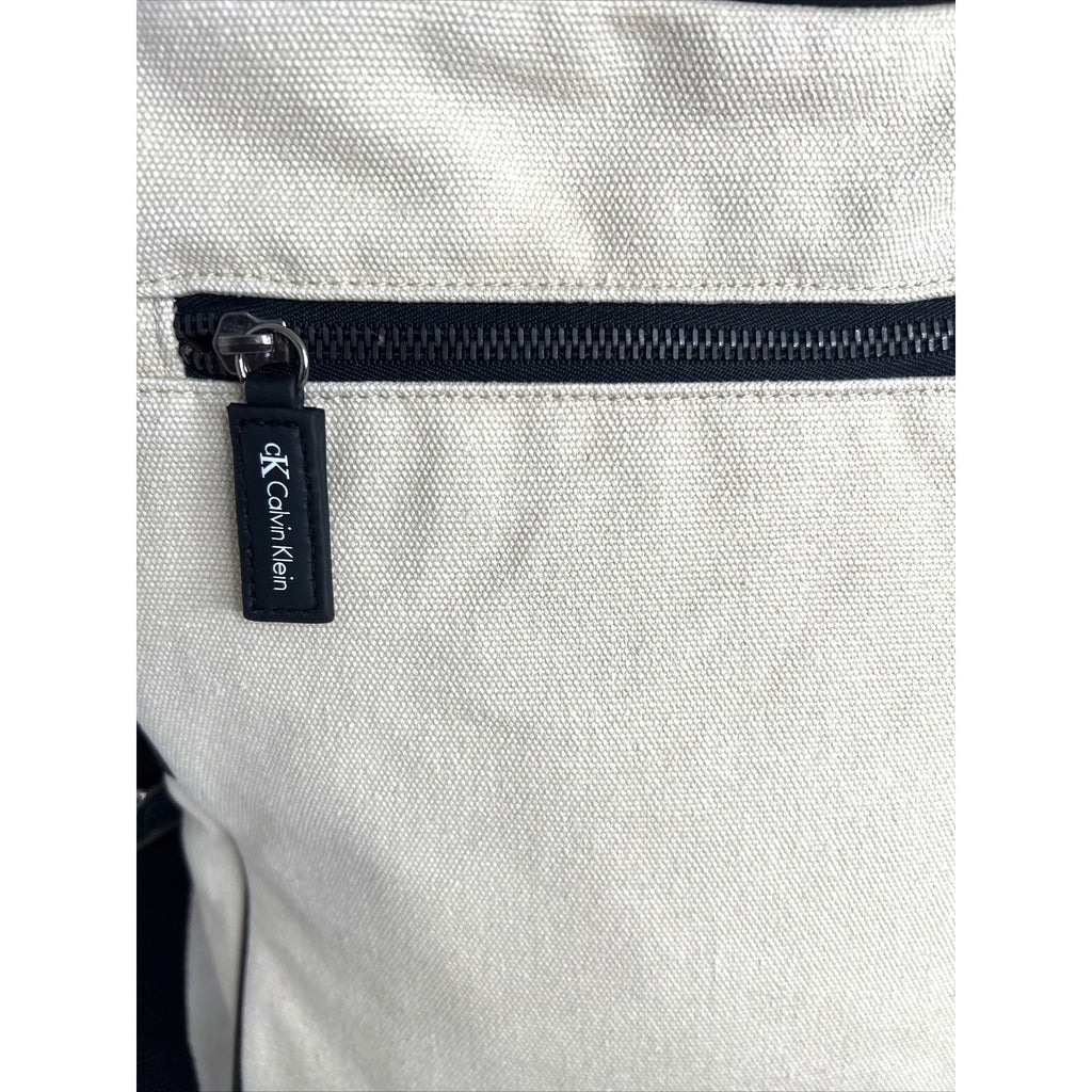 Calvin Klein Beige Canvas Crossbody Bag With Black Strap & Zipper